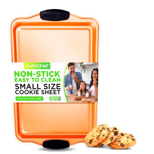 NutriChef 13” Non Stick Cookie Sheet, Small Copper Commercial Grade Restaurant Quality Carbon Metal Bakeware with Black Silicone Handles, Compatible with Model NCSBS3S45, NC5PCS