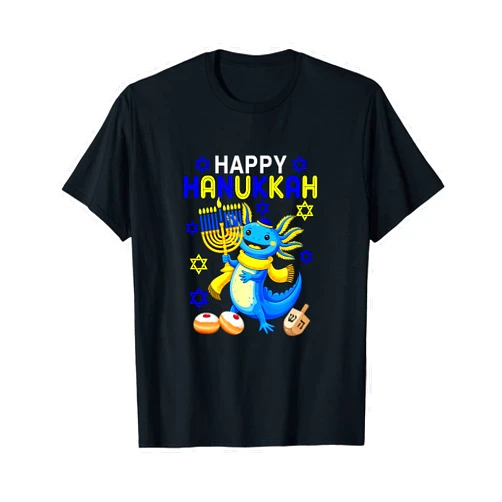 Wild Animal Hanukkah Costume Happy Hanukkah Axolotl with Menorah Dreidel Jewish Kids T-Shirt