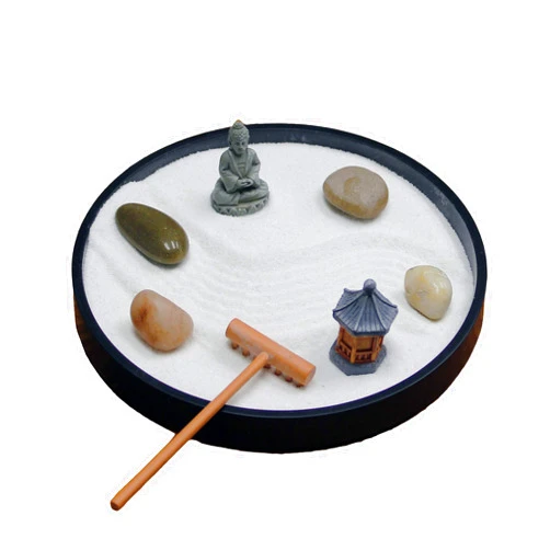 Nature's Mark Mini Zen Garden Kit for Desk with Rake, White Sand, Black Round Base, Miniature Pagoda Figure, River Rocks and Miniature Buddha Figure (6Lx6W Round B)