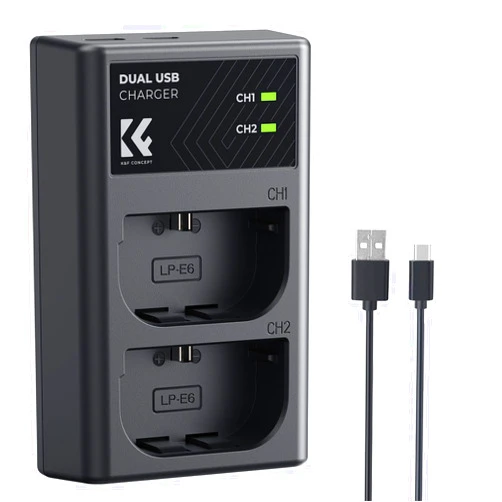 K&F Concept LP-E6/LP-E6N/LP-E6NH Battery Charger, Dual Slot Type-C/Micro USB Charger for Canon EOS R5 R6 RP R7, 5D 6D Mark IV, 5D Mark III, 5DS Camera