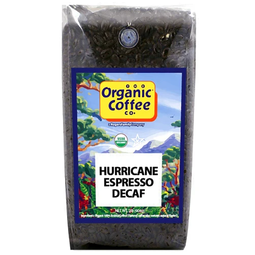 The Organic Coffee Co. Whole Bean Coffee - DECAF Hurricane Espresso Roast (2lb Bag), Medium Dark Roast, Swiss Water Processed, USDA Organic