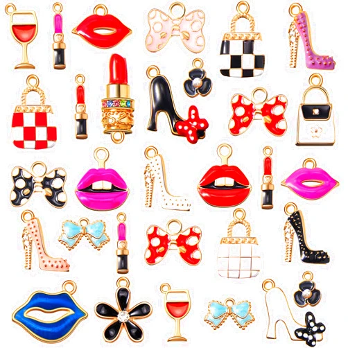 Jetec 50 Pieces Enamel Charms for Bracelet Jewelry Making Women Makeup Earrings Lipstick Craft Pendant High Heel Designer Charms Mixed Gold Plated Wallet Flower Bow Charms for DIY Necklace