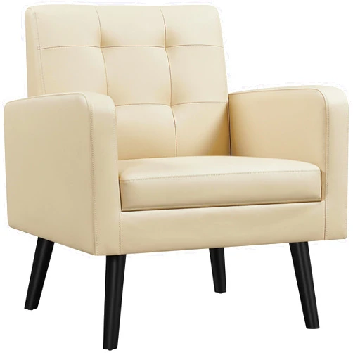 Yaheetech Mid-Century Accent Chairs, PU Leather Modern Upholstered Living Room Chair, Cozy Armchair Button Tufted Back and Wood Legs for Bedroom/Office/Cafe Beige