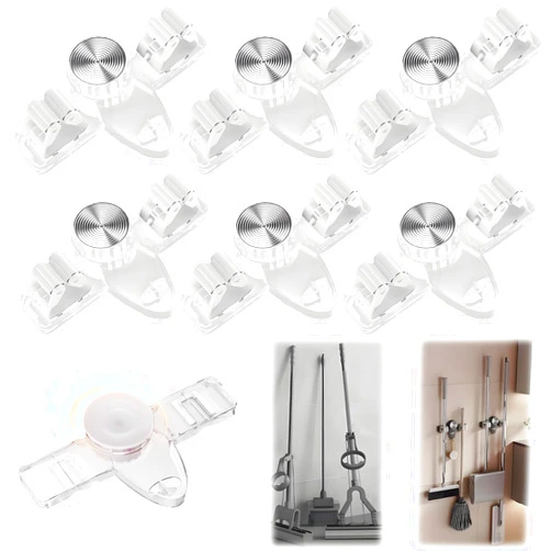 Yunanwa 6 Pack Broom Holder Wall Mount Mop Hanger, No Drill Suction Cup Mop Broom Organizer with Hooks, Space Saving Rack Removable Mop Clip for Kitchen, Garage, Bathroom, Laundry Room