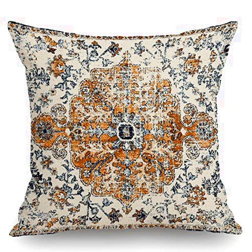 Moslion Carpet Pattern Boho Style Ethnic Design Gold Blue Decoration Farmhouse Décor Cotton Linen Home Decorative Throw Pillow Case Cushion Cover for Sofa Couch, 18