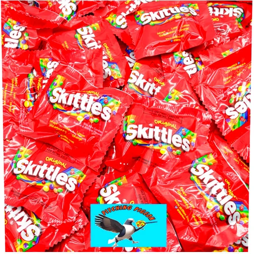 PITCHING PIGEON Skittles Fun Size Bulk Halloween Party Trick or Treat Candy - 2 Pound Box Approx. 60 Treat Size Bags - Includes PITCHING PIGEON Magnet