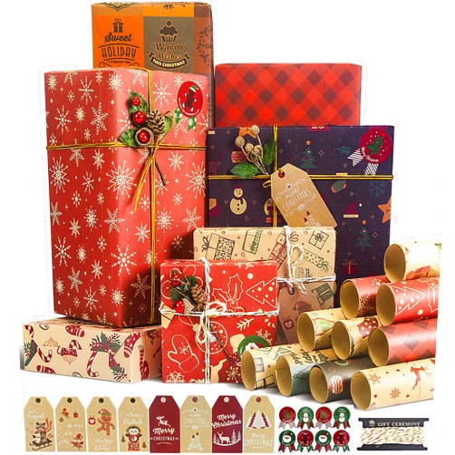 Larcenciel Christmas Wrapping Paper w/Christmas Gift Tags, Santa Claus Stickers & Ribbons, 10 Pcs Xmas Gift Wrapping Paper, Kraft Vintage Wrapping Paper, Brown Gift Wrap for Chrimas, Holiday, New Year