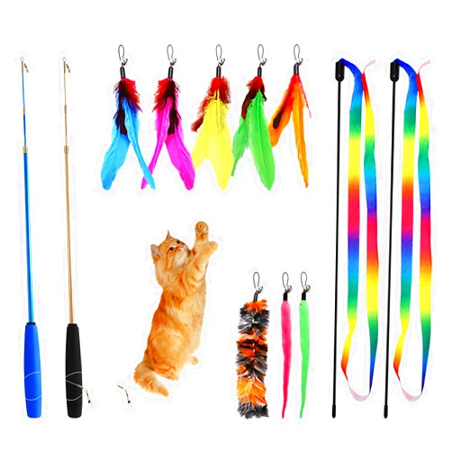 SUNSHINETOP 12PCS Interactive Kitten Toys, Retractable Indoor Cat Wand Toys with Replacement Teaser, Rainbow Ribbon and Make Exercise by Sunshinetop