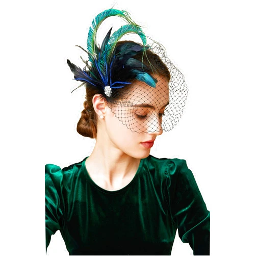 BABEYOND Veil Fascinator Hat for Women Peacock Feather Fascinators Hair Clip with Removable Veil Tea Party Hat Bridal Wedding