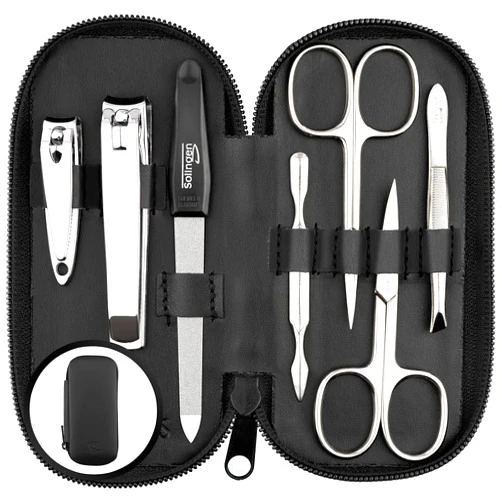 marQus Manicure Set Solingen Made in Germany - 7 piece stainless steel exclusive finger & toe nail clippers set in Nappa black leather case, made in Solingen Germany* (except for clippers)