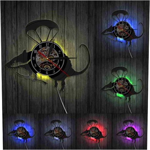 Generic Banksy Rat Wall Art Flying Helicopter Rat Vinyl Record Wall Clock Cute Paratrooper Mouse Decorative Wall Watch Home Decor Clock with LED