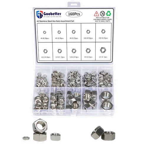 GOOBETTER Hardware Nuts, 160 Pcs Hex Nuts Sets, 4#40 6#32 8#32 10#24 10#32 12#24 1/4-20 5/16-18 3/8-16 1/2-13, 304 (A2-70) Stainless Steel Nut Assortment Set, for Lock Washers and Screw Bolts