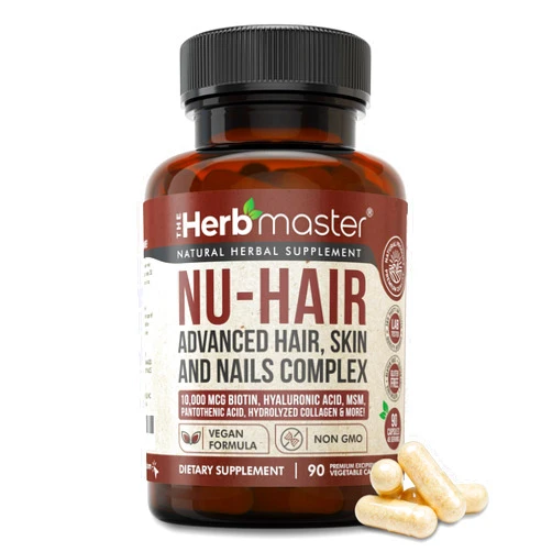 Nora Ross, Inc. Herbmaster Nu-Hair w/ 10,000mcg Biotin | Advanced Vegan Hair, Skin & Nails Vitamin | Hair Growth & Hair Loss Vitamins for Women | Collagen, Keratin, MSM, Hyaluronic Acid (45 Servings)