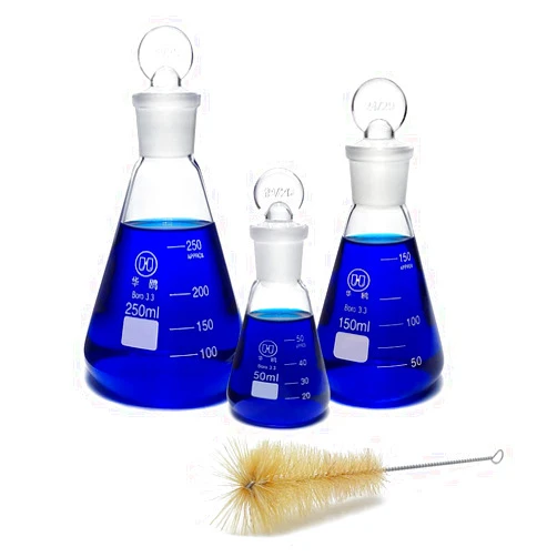 HUAOU 3pcs Glass Erlenmeyer Flask Set, 50ml 150ml 250ml Laboratory Flask with Stopper, Lab Chemistry 3.3 Borosilicate, Narrow Mouth, Printed Graduation, Conical Flask with Cleaning Brush