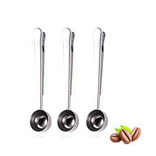 JADA Lifestyles Stainless Steel Coffee Measuring Scoop 1 Tablespoon With Built in Bag Clip For Coffee, Tea, Protein Powder & Spices - Silver Stainless - Set of 3