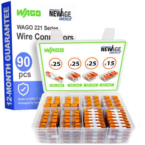 New Age America WAGO 221 Series 90pc Lever Nuts | includes (25x 221-2401), (25x 221-412), (25x 221-413), (15x 221-415) | Compact Splicing Wire Connectors Assortment Pack | 221 Series Assortment with Case