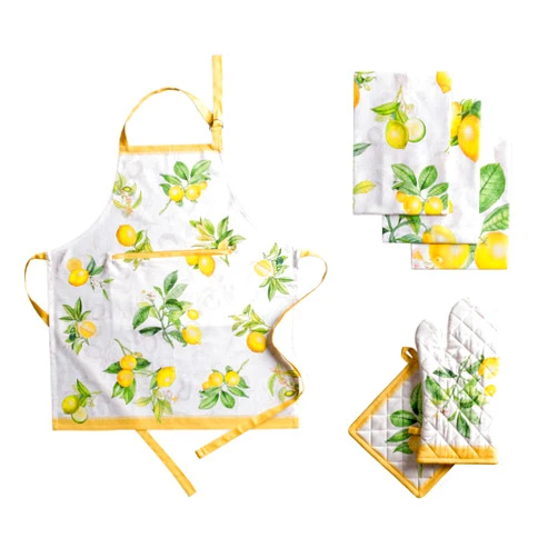Maison d' Hermine Limoncello Bundle Set 100% Cotton Apron (27.50 Inch by 31.50 Inch), Set of 3 Kitchen Towels (20 Inch by 27.5 Inch) and Oven Mitt (7.5 Inch by 13 Inch)/Pot Holder (8 Inch by 8 Inch)