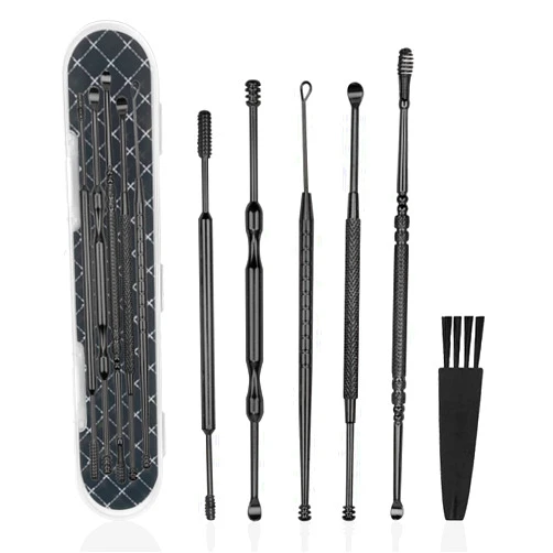 Hion 6 Pcs Ear Wax Removal Kit,Professional Double-Headed Ear Pick Earwax Removal Tools,316L Stainless Steel Ear Cleaner Curette with Cleaning Brush and Storage Box,Suit for Kid Adult(Black)