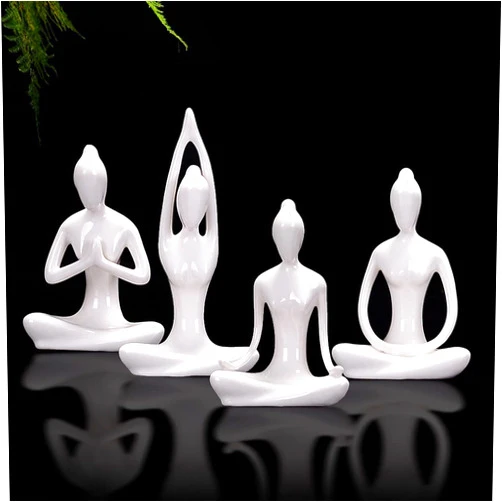 OwMell Lot of 4 Meditation Yoga Pose Statue Figurine Ceramic Yoga Figure Set Decor - White