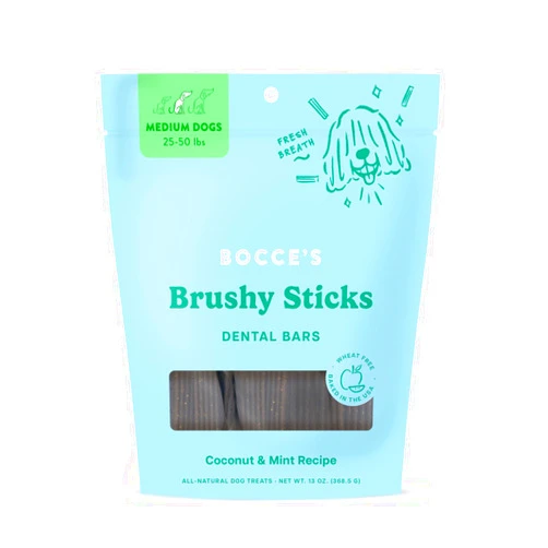 Bocce's Bakery Dailies Brushy Sticks to Support Oral Health & Fresh Breath, Wheat-Free Dental Bars for Dogs, Made with Real Ingredients, Baked in The USA, All-Natural Coconut & Mint, Medium Dogs