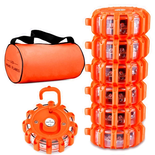 Meliya 6 Pack LED Road Flares Emergency Lights, 9 Glow Modes Roadside Emergency Warning Car Safety Beacon Flashing Disc Flare Kit with Magnetic Base & Hook for Vehicles,Cars,Truck,Boat(NO Battery Included)