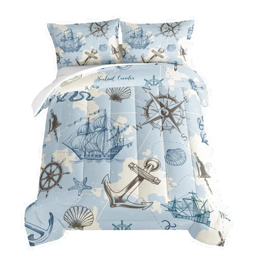 HOSIMA Anchor Nautical Bedding Kids Comforter Set Full Size,Compass Whale Sailing Shell Print Bed Sets for Girls Boys Room Decor,Grey Comforter Full Bedding Set with 2 Pillowcases.