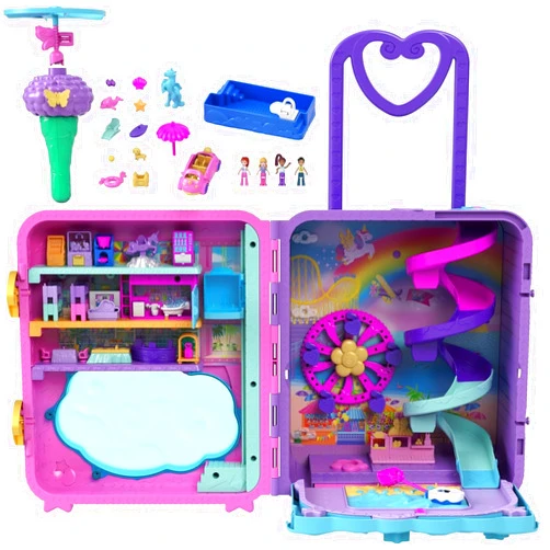 Polly Pocket Pollyville Playset, Resort Rollaway Suitcase, Large Travel Toy with 4 Dolls, Car, 25+ Accessories & Storage