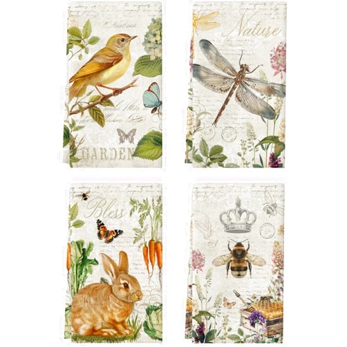 Maiiooliwe 4 Pcs Vintage Garden Nature Kitchen Towels Dish Towels, Decorative Bird Bunny Dragonfly Bee Design, 27.5x20 Inch Farmhouse Absorbent Decoration Hand Towels (Garden)
