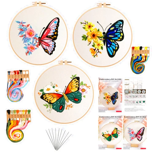 Chwang 3Pcs Butterfly Embroidery Kits, Beginners Embroidery Stitch Practice kit, Hand DIY Cross Stitch Kits for Wall Decoration,Kids Adults Crafts Embroidery Starter Kit (Style 1 - Butterfly)
