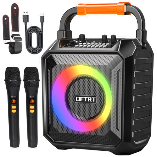 DFTRT Karaoke Machine with Two Wireless Microphones, Portable Karaoke Machine for Adults & Kids, Bluetooth Speaker with Bass/Treble Adjustment, PA System, LED Lights, Supports TF/USB, AUX in, FM, REC, TWS
