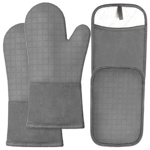 HOMWE Extra Long Professional Silicone Oven Mitt, Oven Mitts with Quilted Liner, Heat Resistant Pot Holders, Flexible Oven Gloves, 1 Pair (Grey, 4 PC)
