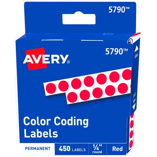 Avery 05790 Permanent Self-Adhesive Round Color-Coding Labels, 1/4-Inch dia, Red, 450/Pack