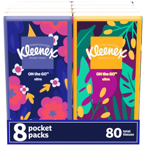 Kleenex On-The-Go Facial Tissues, 8 On-The-Go Packs, 10 Tissues per Box, 3-Ply (80 Total Tissues), Packaging May Vary