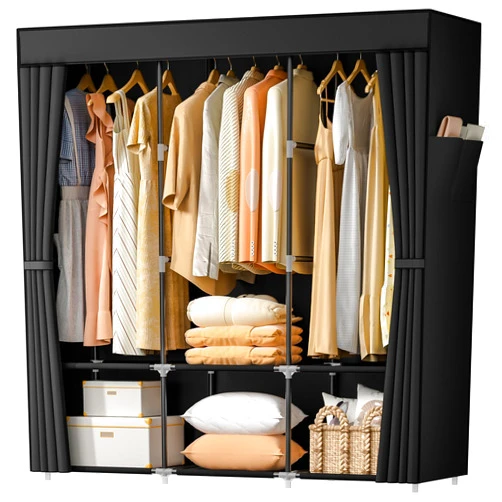 Neatrays Wardrobe Closet，Portable Closets for Hanging Clothes,Free Standing Clothes Rack with Cover & 3 Hanging rods & 6 Storage Shelves & 2 Side Pockets