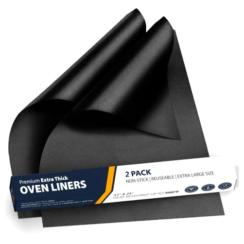 Linda's Essentials Oven Liners for Bottom of Oven - 2 Pack Large Heavy Duty Mats, 17”x25” Non-Stick Reusable Liner for Electric, Gas, Toaster Ovens, Grills - BPA & PFOA Free Kitchen Accessory to Keep Oven Clean (Black)