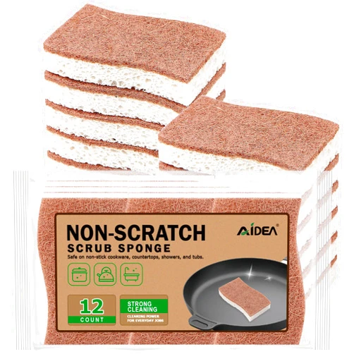 AIDEA Non-Scratch Scrub Sponge-12Count, Natural Sponges for Non-Stick Cookware, Sponges Kitchen, Cellulose Sponges for Dishes, Cleaning Sponge for Kitchen, Bathroom, Household