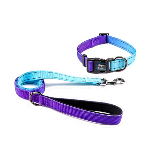 Roses&Poetry Reflective Small Dog Collar and Leash Set, Puppy Collars and Leashes with Gradient Violet, Adjustable Durable Nylon Soft Pet Leash and Collar for Girl and Boy Dogs （Violet-S