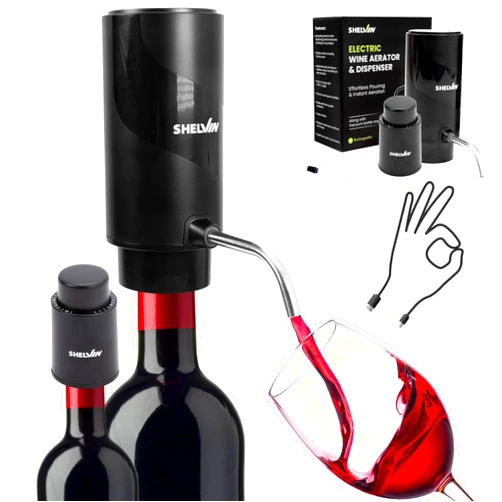 Shelvin Electric Wine Aerator and Vacuum Bottle Stopper Preserver - USB Rechargeable Automatic Drink Dispenser Decanter Instantly Pours Flavor-Rich White and Red Wine Perfect for Home, Bar, Wine-lovers Gift