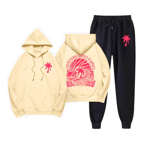 FONMA Women's 2 Piece Outfits Oversized Hoodie Sweatshirt Baggy Jogger Sweatpant Pink Palm Puff Y2K Sweatsuit Set with Pocket