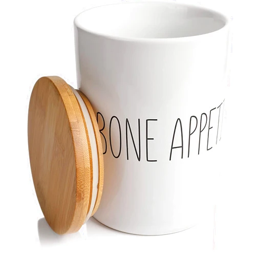 ARTHAUSEN White Ceramic Storage Jar Canister - Bone Appetite Dog Treats - Airtight Bamboo Lid w/Silicone Seal, Spoon - Modern Abstract Art Design for Kitchen Counter or Bathroom - 4 cup / 1080mL