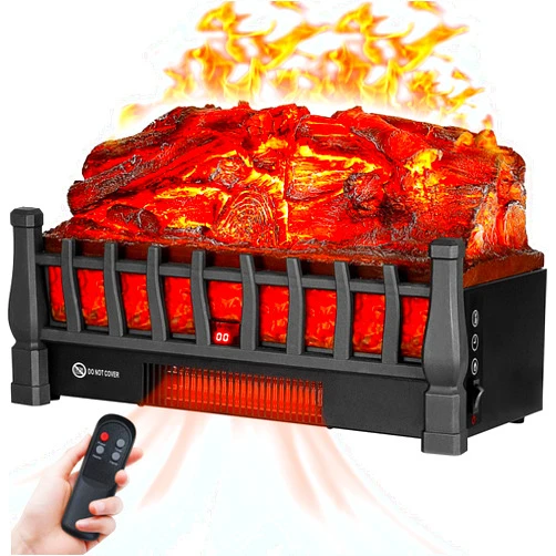 Momoga Electric Fireplace Log Insert Heater with IR Remote Control, up to 1500W Heating, 5 Flame Brightness Levels, 24-Hour Timer, Overheat Protection, Suitable for Home and Office Decoration, Black