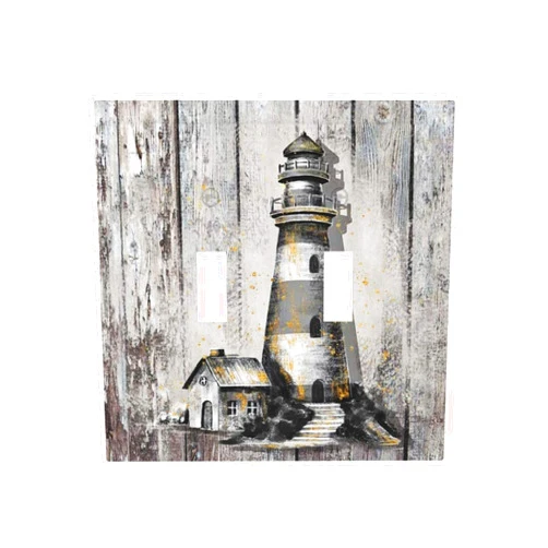 Thsanju Rustic Nautical Vintage Ocean Lighthouse Wooden Plank 2 Gang Light Switch Cover Double Toggle Wall Plate Decorative Switchplate Electrical Faceplate for Bathroom Kitchen Bedroom Decor