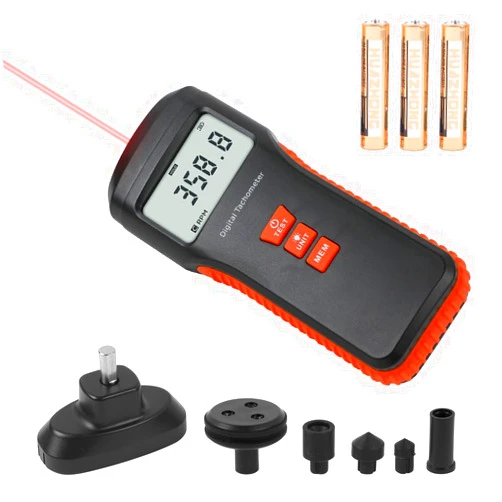 KAISAL Tachometer Contact & Non-contact Digital Tachometer 4 Test Mode Laser Photo Tachometer 1.0～99999RPM High Accuracy RPM Tachometer with 4 Contact Probes, Backlit Display, Data Memory/Hold,Auto Power Off