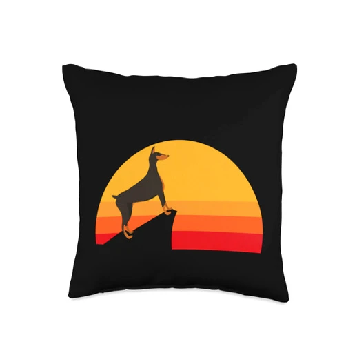 Doberman Pinscher for Men Women Boys Girls by RJ Pinscher-Dog Pet Cute Funny Sunset Orange Black Retro Throw Pillow, 16x16, Multicolor