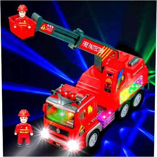 Zetz Brands Fire Engine Ladder Truck for Kids with Two Fireman Figures - 4d Lights & Real Siren Sounds | Bump and Go Toy - Automatic Steering On Contact - Imaginative Play