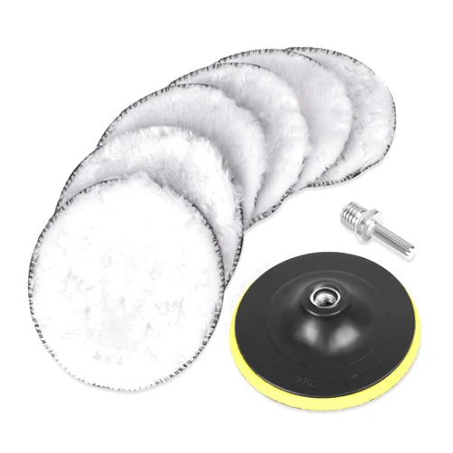 BAYTORY 8 Pcs Wool Polishing Buffing Pad Set, 4 inch Synthetic Polisher Wheel with M10 Thread Backing Plate and Drill Adapter for Car Polishing, Buffing and Cutting
