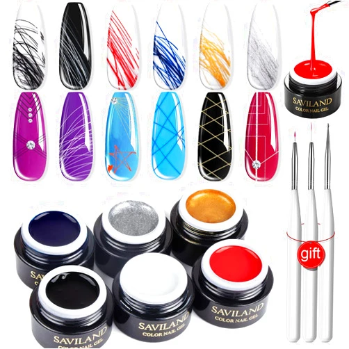 SAVILAND 6 Colors Spider Gel, New Upgraded Matrices Spider Gel with Nail Art Brushes, Nail Designs Gel Paint Wire Drawing Gel Polish for Line (White Black Red Blue Gold Silver)