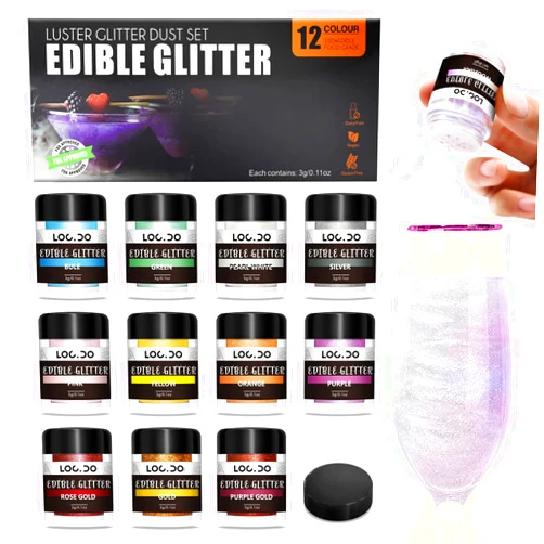 LOCDO Edible Glitter 11+1 Colors Set, Food Grade Luster Dust, Edible Glitter for Drinks, Beer, Cake Decorating, Chocolates, Fondant, Strawberries, Cupcakes, Vegan and Gluten Free (3g/bottle)