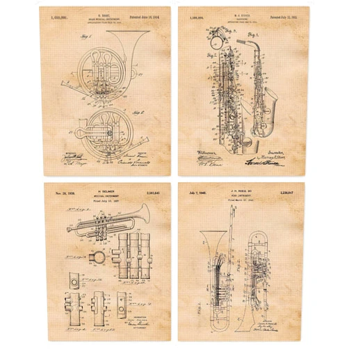 STARS BY NATURE Vintage Horn Instruments Patent Prints, 4 (8x10) Unframed Photos, Wall Art Decor Gifts Under 20 for Home Office Sound Garage Music Studio College School Band Student Teacher Coach Rock Roll Jazz Fans