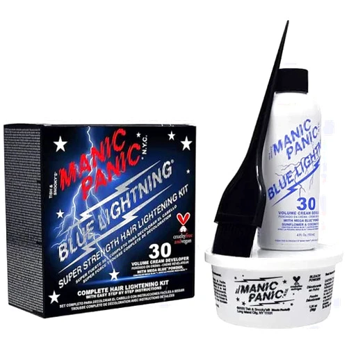 MANIC PANIC Blue Lightning Hair Bleach Kit - 30 Volume Developer + Bleach Powder Hair Lightener Lifts up to Five Levels And Eliminates Orange Tones - Vegan And Cruelty Free